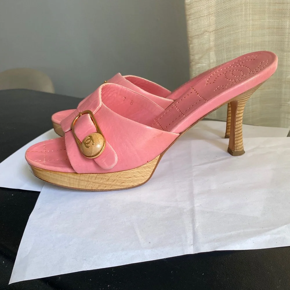 Chanel pink leather mules heels sandals CC l pumps 37-6.5 platforms clogs slides - Picture 4 of 8